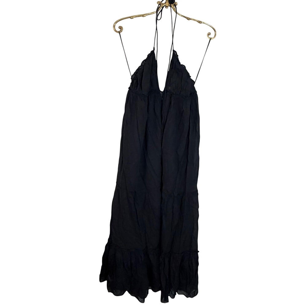 Anthropologie Black Cotton Blend Halter Ruffle Tiered Maxi Dress Smocked Back